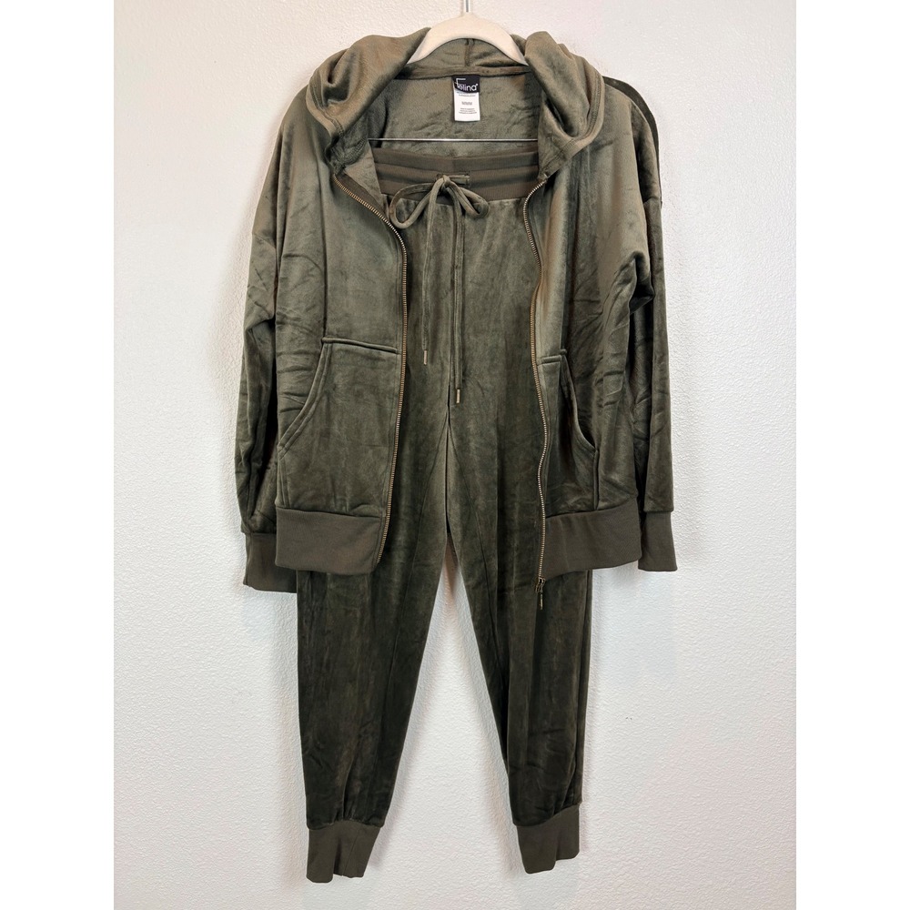 Felina Womens Velour Tracksuit Set Olive Green Full Zip Hoodie Joggers Medium